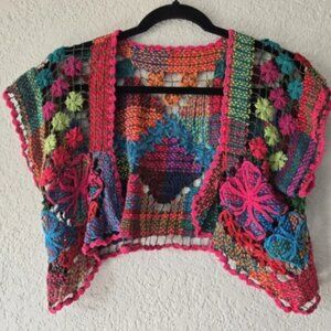 Vintage S Cap Sleeve Crochet Cardigan Multicolor Open knit